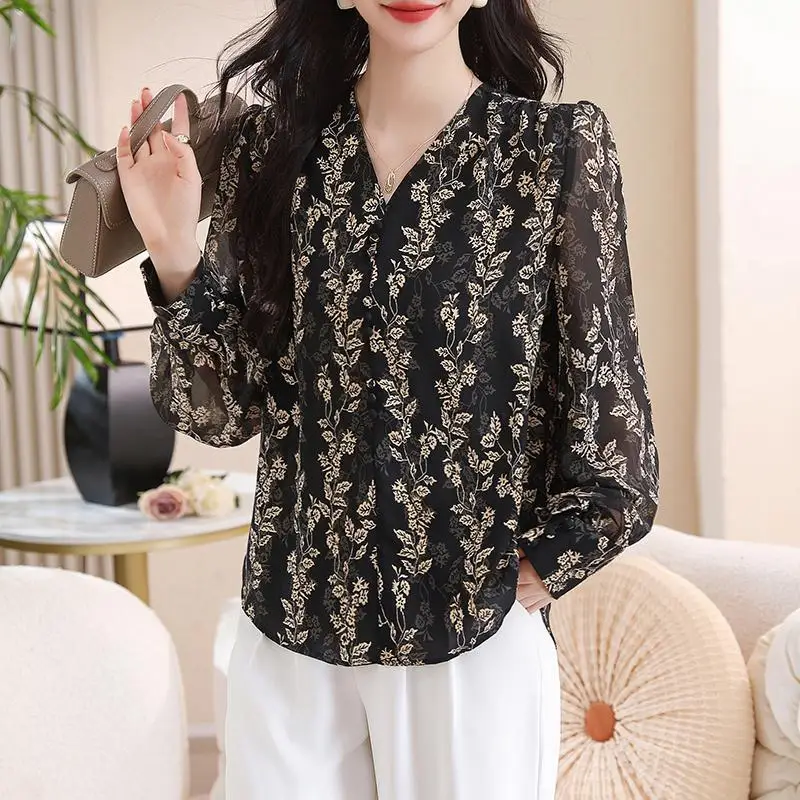 Fashionable Loose V-neck Printed Long Sleeved Chiffon Shirt for Women\'s New Versatile Top