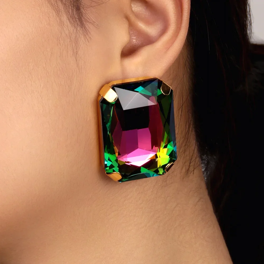 Stonefans Oversize Rectangle Crystal Colorful Earrings Stud Jewelry Exaggerate Large Ear Stud Bridal Wedding Party Ear Jewelry