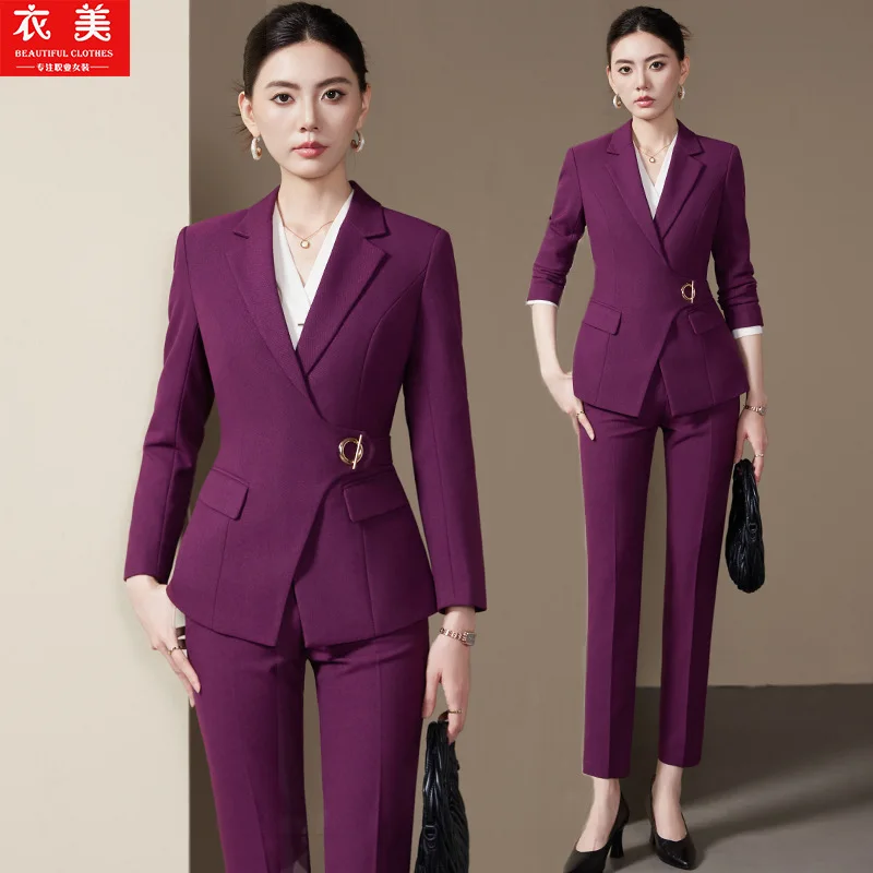 

Фиолетовый женский блейзер для весны и осени, новая высококачественная униформа для менеджеров ювелирных магазинов и салонов красоты, с эффектом утяжки талии.