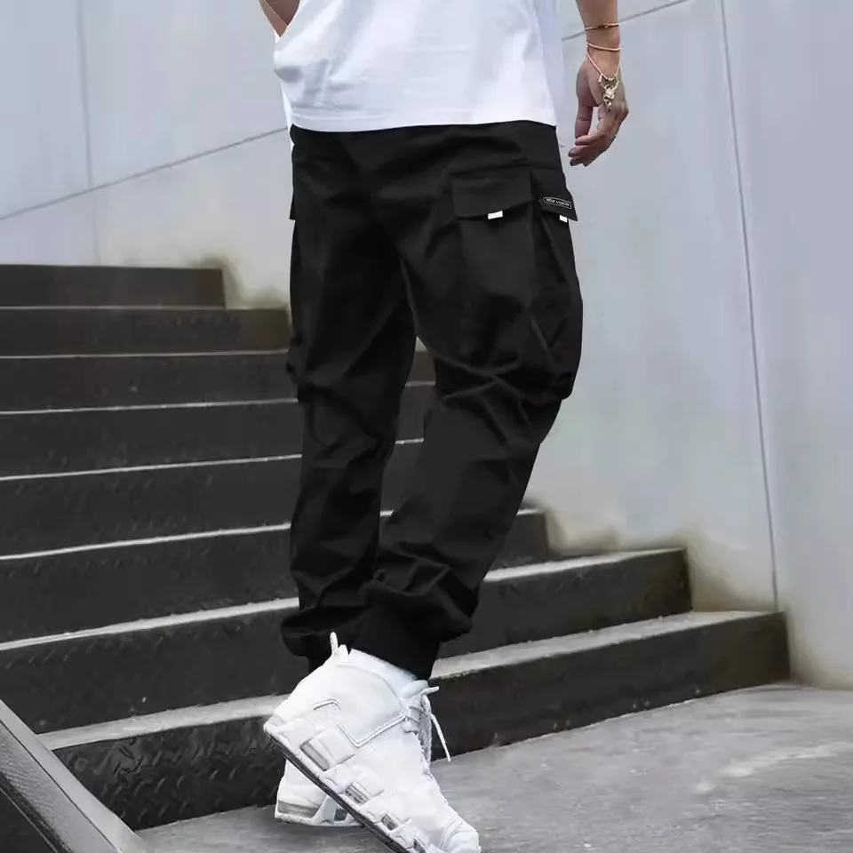 

Trendy Urban Workwear Pants Men's Casual Loose Cuffed Long Trousers Multiple kets Design Summer Thin Polyester Khaki