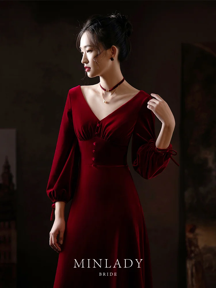 Bride Toast Dress New Elegant Evening Dress Advanced Texture Retro Elegant Burgundy Dress