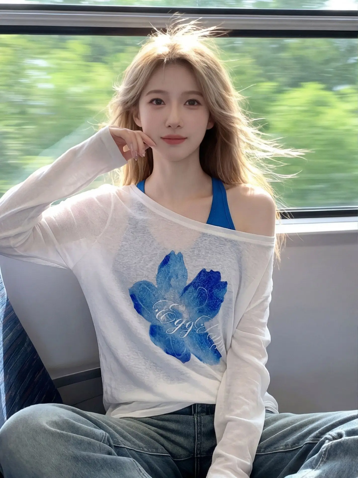 White Floral Print Sun Protection Sleeveless Long Sleeve T-Shirt Women's Summer Lazy Style Loose Fit Transparent Cover up