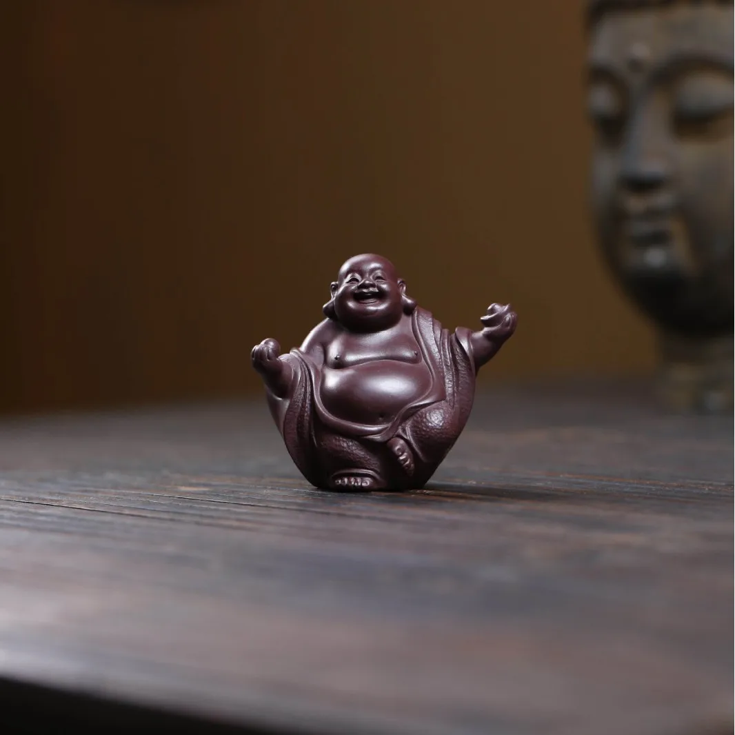 Purple Clay Pet Maitreya Buddha, Collectible Ornament, Handcrafted By A Famous Artist, Exquisite Laughing Buddha Figurine, Small view 2