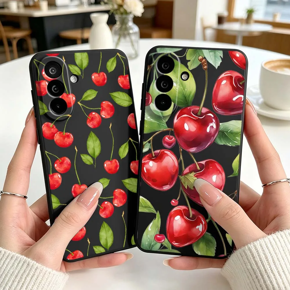Minimalist Cherry Pattern Phone Case For Samsung Galaxy A71 A56 A55 A54 A53 A51 A50 A41 A16 A06 A05 Black Silicone Cover