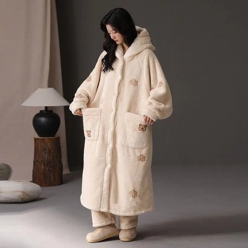 

Пижамный комплект, удобная одежда для сна, женский зимний халат, фланелевой флис с длинными рукавами, теплая плотная домашняя одежда больших размеров, уютная домашняя одежда