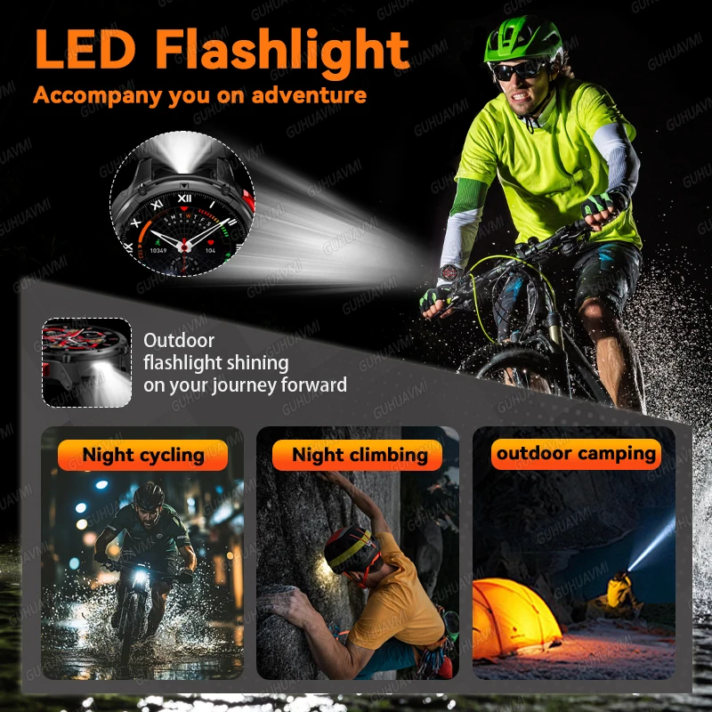 2026 جديد في الهواء الطلق 1100mAh بطارية كبيرة SmartWatch الرجال GPS Trackr البوصلة مصباح يدوي مقاوم للماء بلوتوث دعوة الرياضة Smartwatch