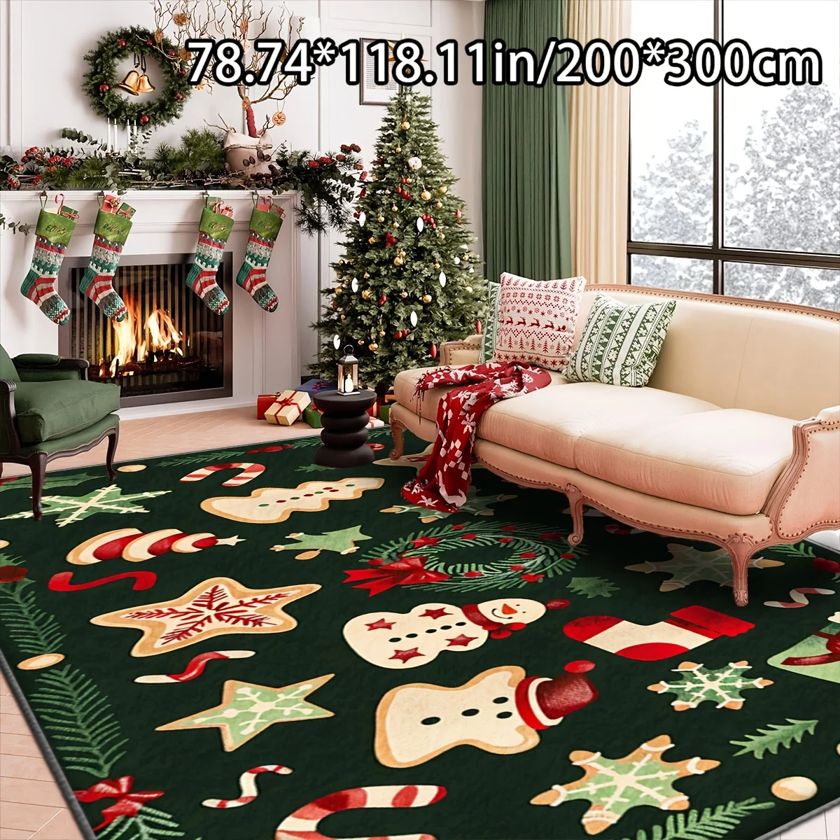 VIKAMA Christmas Gingerbread Man Rug Dark Green Xmas Cookie Candy Cane Print Non Slip Large Floor Mat Living Room Decor Carpet