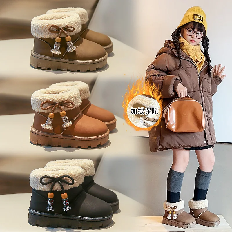 

Зимние сапоги для девочек, детские зимние ботинки с мягкой подкладкой и утолщенным бантом на меху, новые легкие нескользящие детские теплые и удобные ботинки