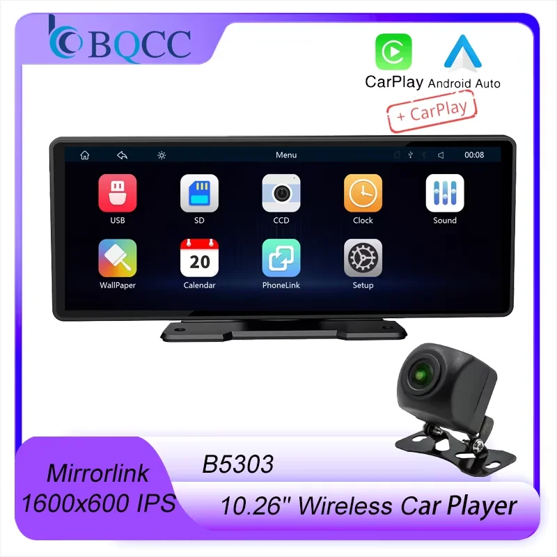 BQCC 10.26" MP5 IPS Screen Car Player Mirrorlink BT FM Radio USB Audio output Wireless Carplay Android auto Car Stereo B5303