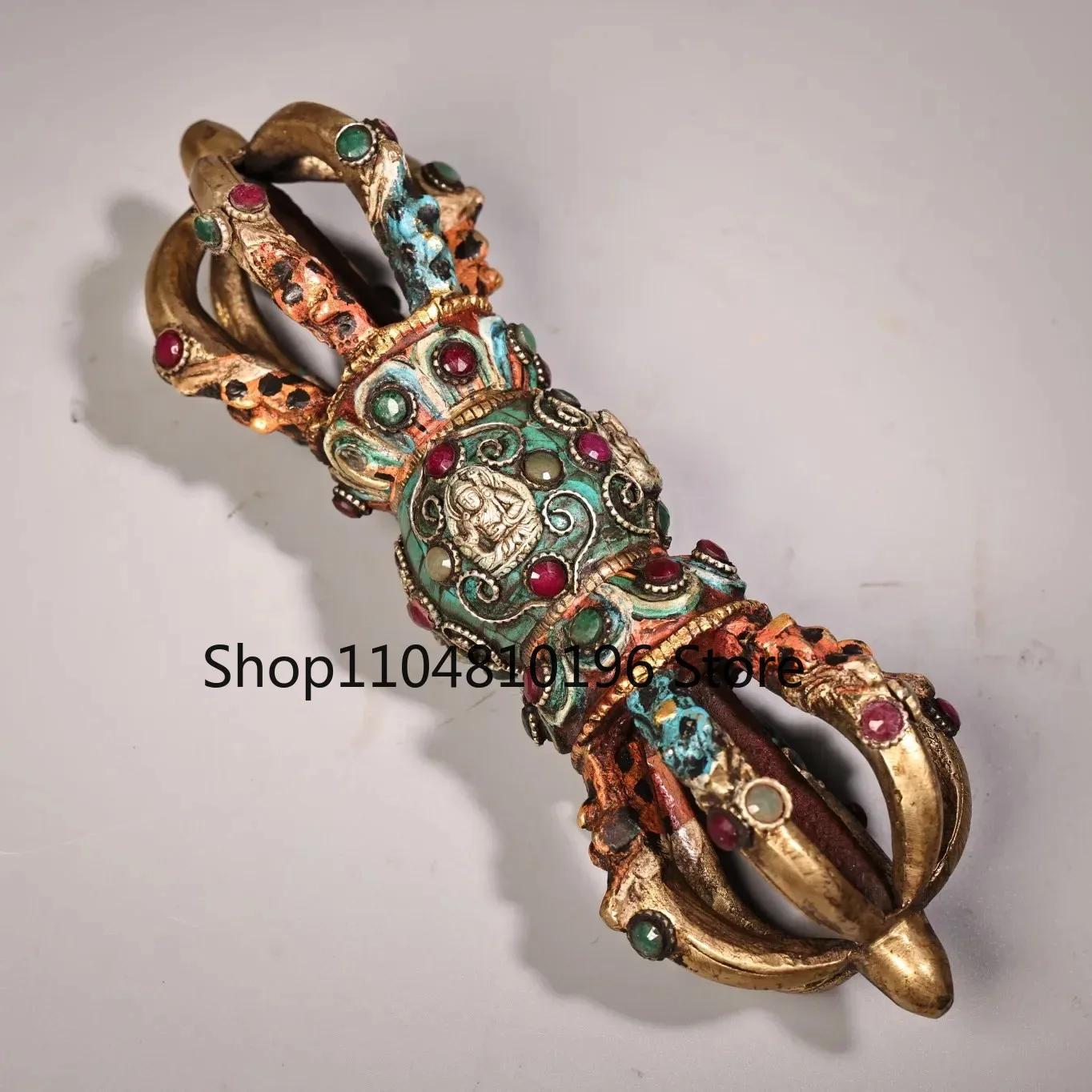 Bronze Outline in gold Painted Gem Turquoise Nine Shares Vajra Phurpa Amulet
