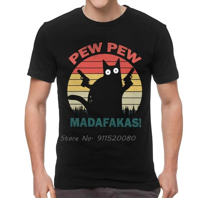 Humor Pew Pew Madafakas T Shirt Men Cotton Printing T-shirt Funny Tshirt Short Sleeve Black Funny Cat Tee Tops Streetwear