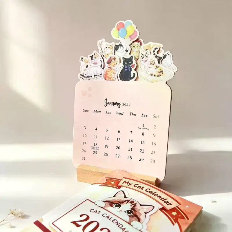 2027 Kawaii Floral Cat Desk Calendar Wooden Stand 12 Art Painting Cards for Student Dorm Desktop Decor Small Gift