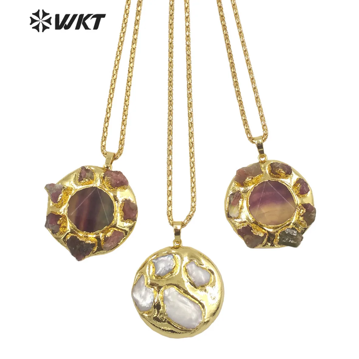 WT-N1448 WKT Exclusive Design Round Plate With Tiny Tourmaline And Freshwater Pearl Charms Women Fashion Boho Necklace