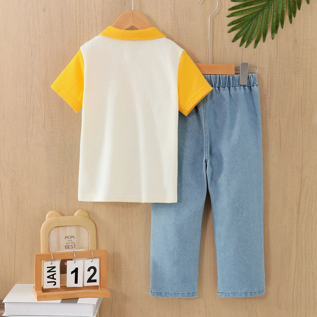 Boys' Casual Spring Autumn Outer Space Print Waffle Shirt with Denim Jeans Two-Piece Set for Kids