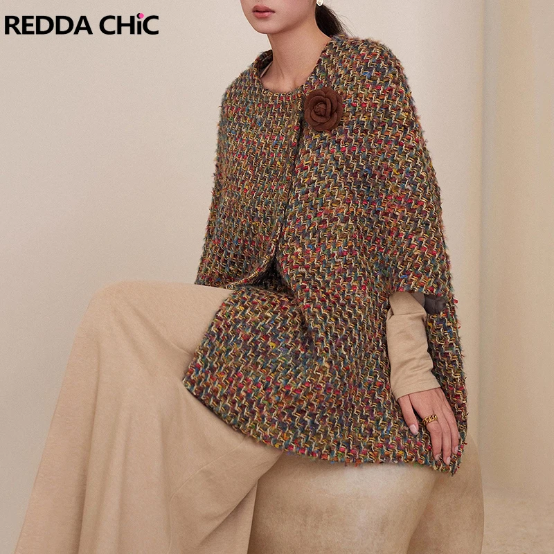 

REDDACHiC Color-Braided Tweed Women Cape Jacket Wool-blend Button Down Quarter Sleeve Cloak Peacoat Elegant Vintage Outerwear