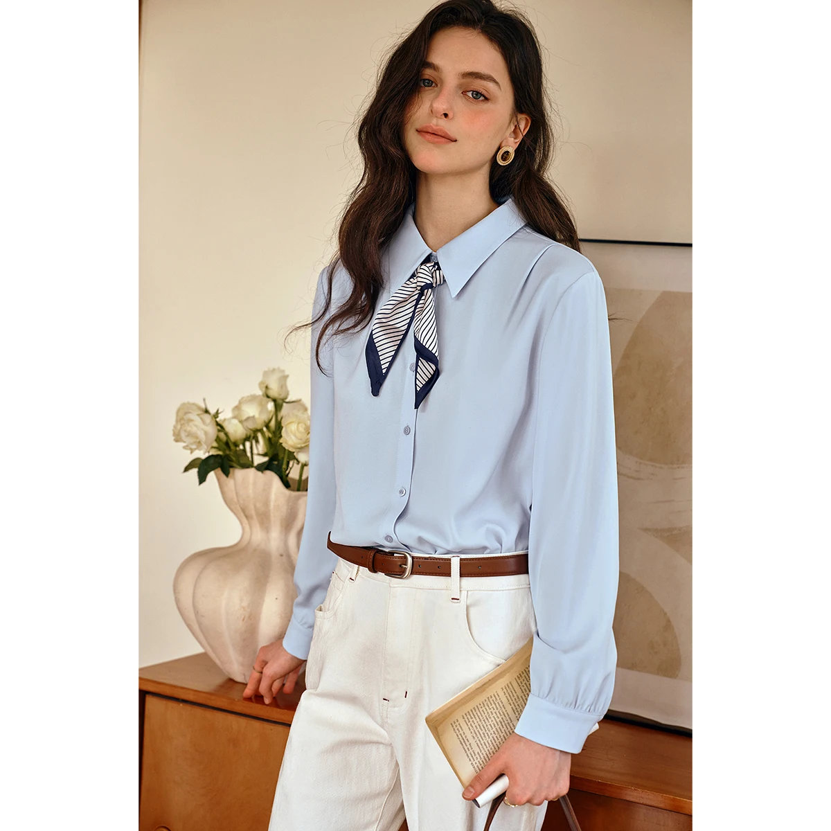 OLrain Elegant Simple women's Shirts 2025 Autumn New Long Sleeve Loose Shirt Solid Scarf-Neck Women's Blouses Tops O57QC000290