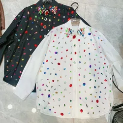 Luxury Women Rhinestones Beaded Shirts Spring Autumn Single Breasted White Diamonds Blouses Retro OL Cardigan Crop Tops Blusas
