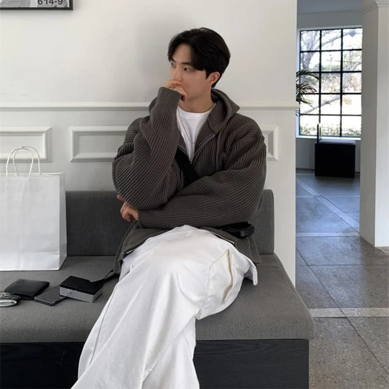 

Мужской свободный вязаный свитер с капюшоном - повседневный пуловер в корейском стиле, однотонная, модная верхняя одежда для повседневной носки
