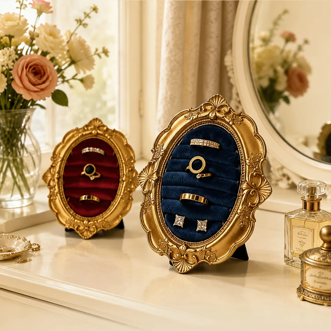 

Vintage Ornate Frame Ring Holder Velvet Lined Jewelry Display Stand for Rings Earrings Picture frame shape jewelry organizer