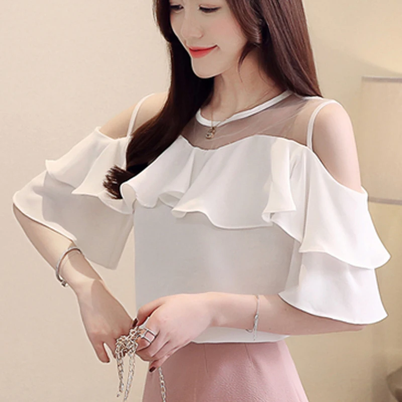 Fashion Short Sleeve White Blouse Summer Chiffon Shirt Casual Off Shoulder Womens Tops and Blouses Female Clothes Blusas 4206 50