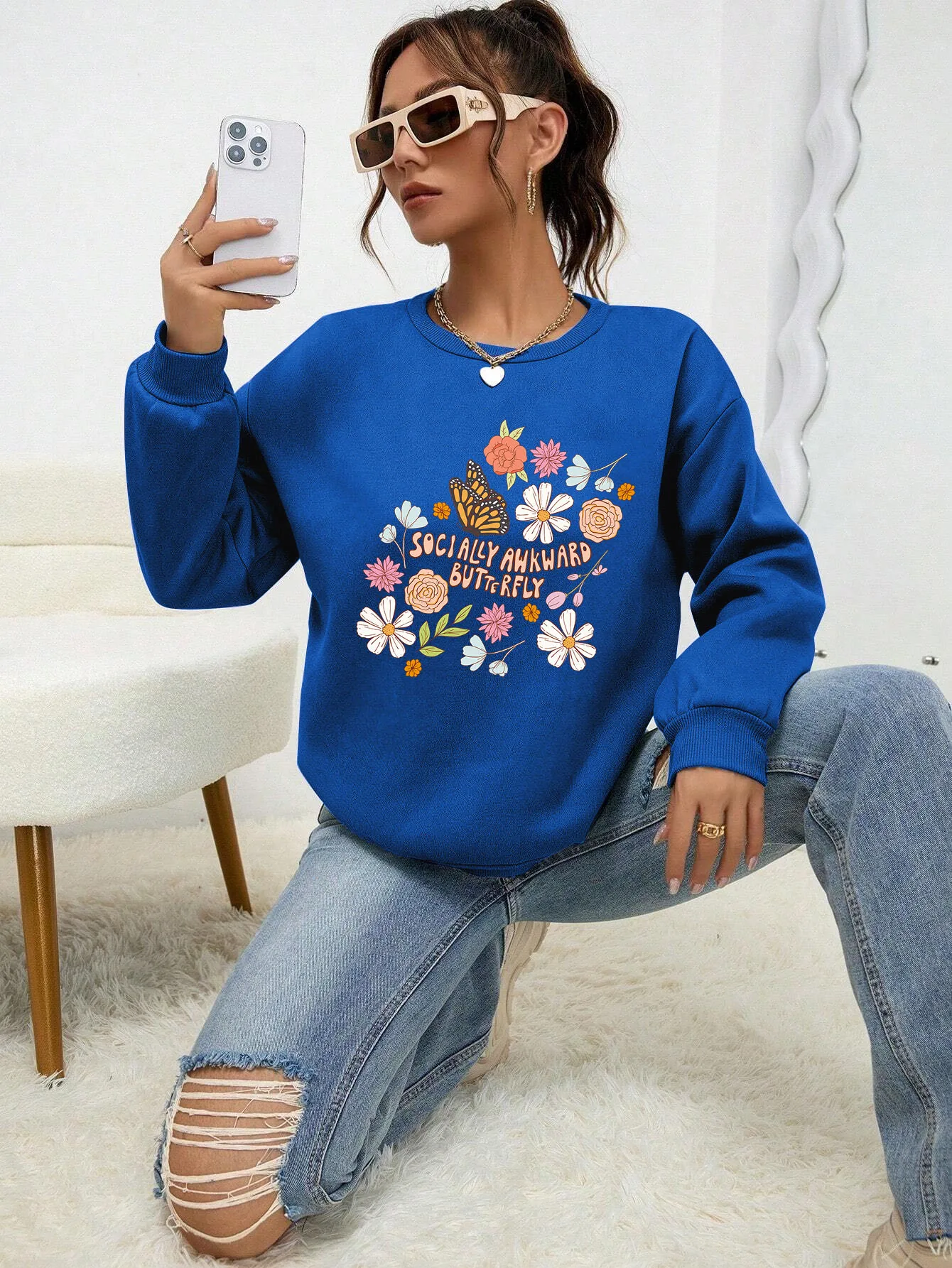 Socially Awkward Butterfly With Flower Printed Female Sweatshirts Fashion Loose Hoodies Casual Warm Top Autumn Fleece Clothes