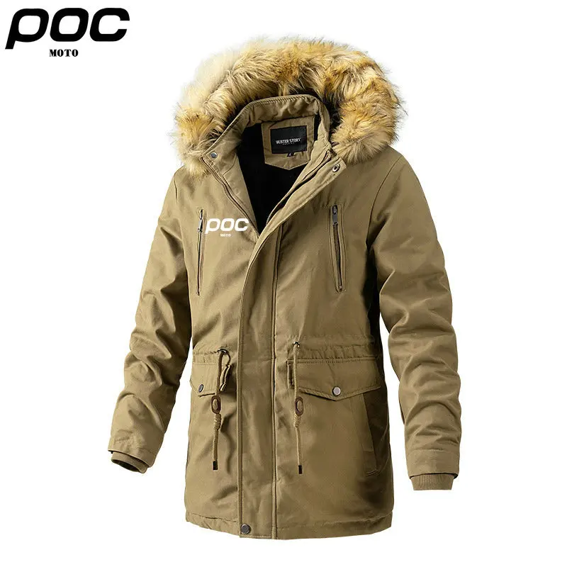 2023 New MOTO POC Mens Long Hooded Fur Collar Casual Outerwear Winter Warm Cycling Jackets Men Solid Color Thick Windproof Coat