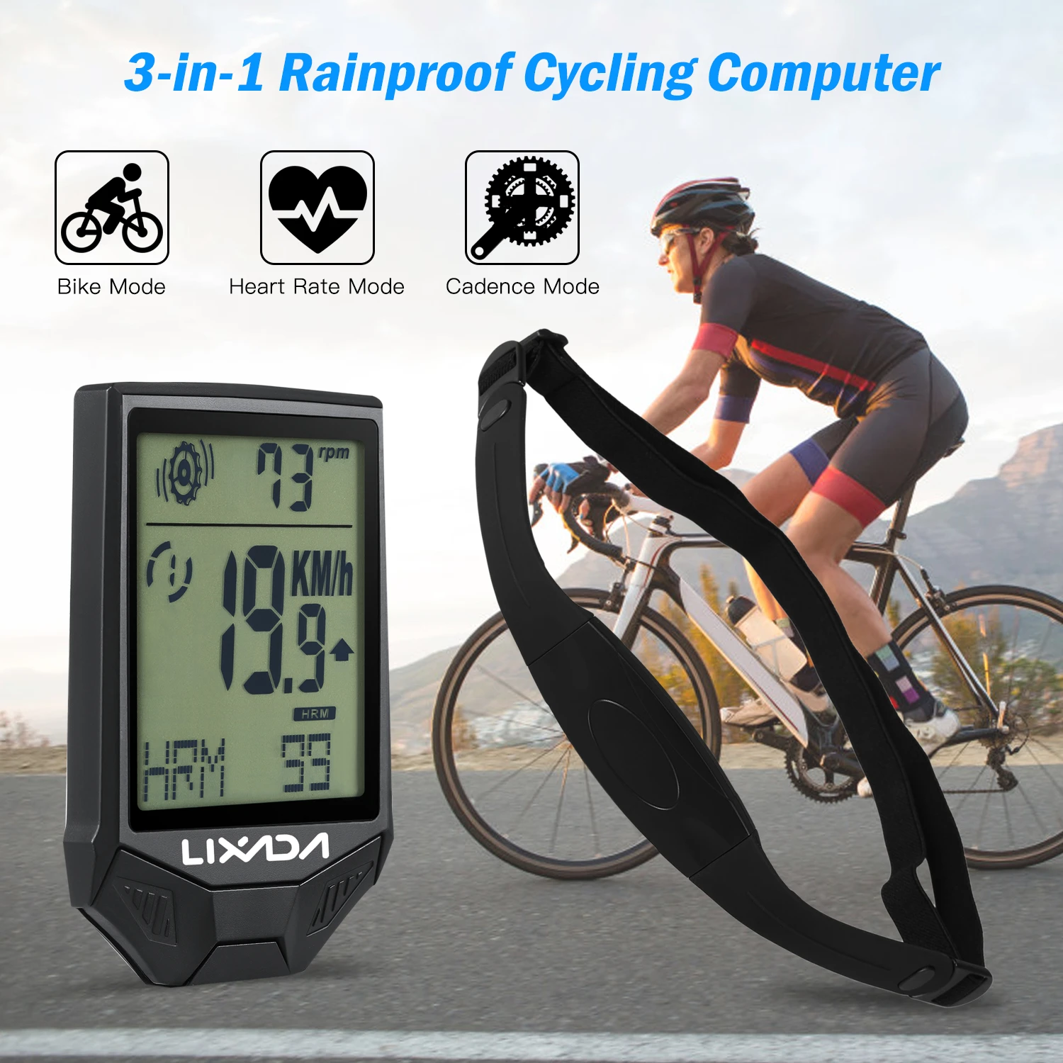 LIXADA Wireless Bike Computer Speed Meter with Heart Rate Sensor Backlight Display Multifunction Waterproof Cycling Speedometer