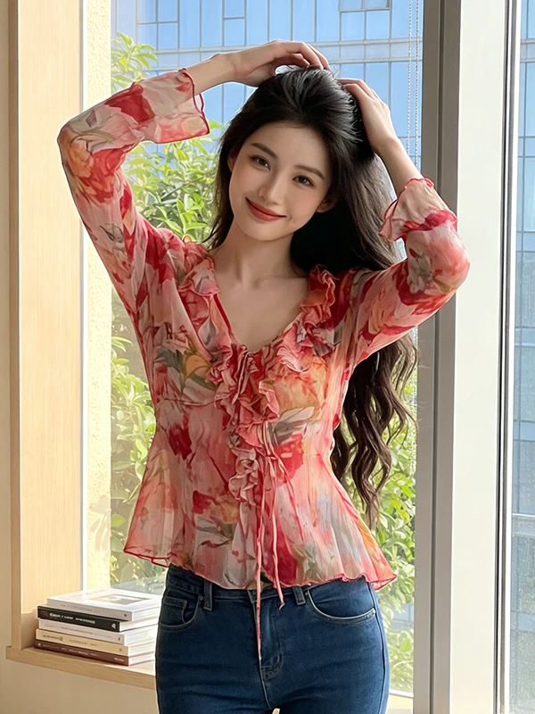 

Elegant Floral Print V-Neck Long Sleeve Shirt Women's Luxury Fashion Spring Summer New Style Lace Trim Beautiful Top
