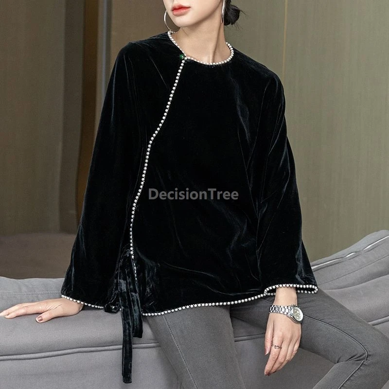 

2025 pearl button elegant trendy tang suit top autumn long sleeved round collar versatile blouse retro temperament chinese top