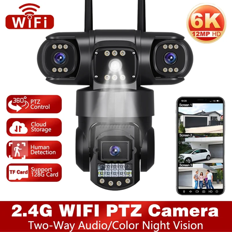 WiFi IP Camera 10X Zoom 3 Lens Three Screens Outdoor CCTV Video Surveillance Auto Tracking 12MP PTZ Home Security Camera