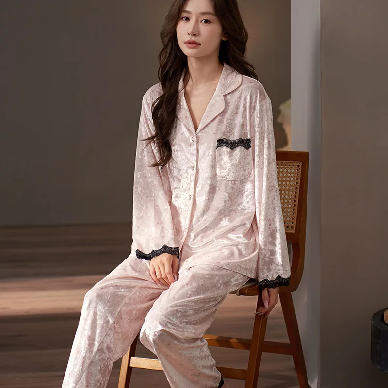 

Женский золотой бархатный пижамный комплект в стиле принцессы, модная элегантная удобная домашняя одежда с длинными рукавами, индивидуальный комплект