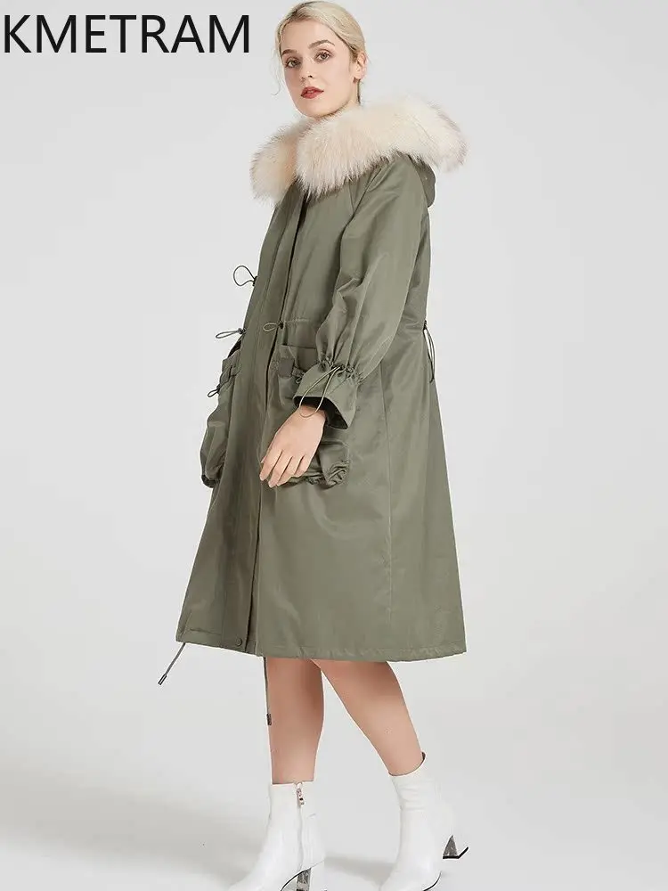 معاطف فرو أرنب ريكس الطبيعية من KMETRAM معاطف نسائية من فرو الكلب ريكون سترة طويلة 2025 ملابس شتوية دافئة بقلنسوة