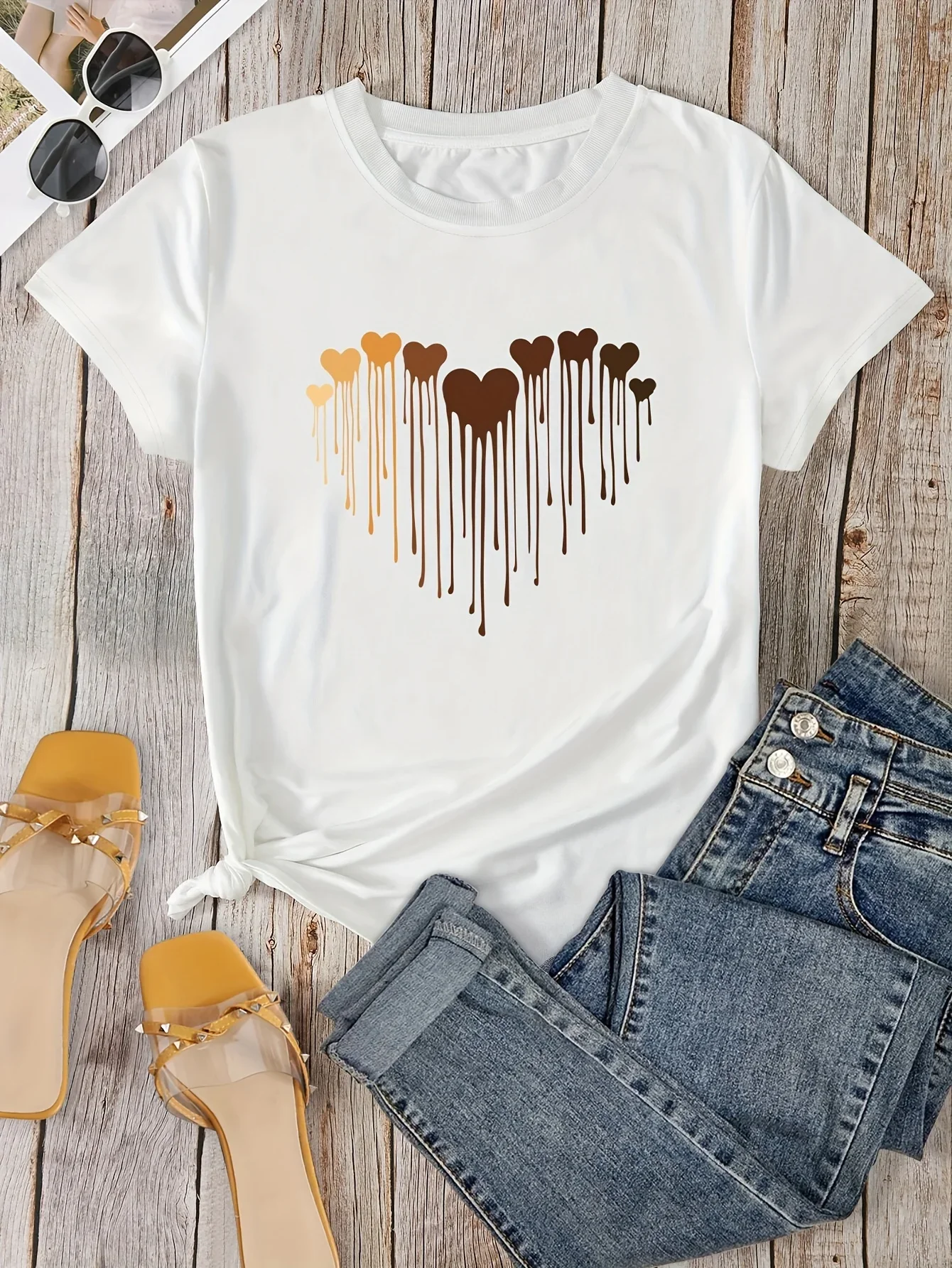T-shirt décontracté pour femmes avec motif d'amour, décontracté, Chic, imprimé géométrique, col rond, manches courtes, Style urbain, haut imprimé Y2K