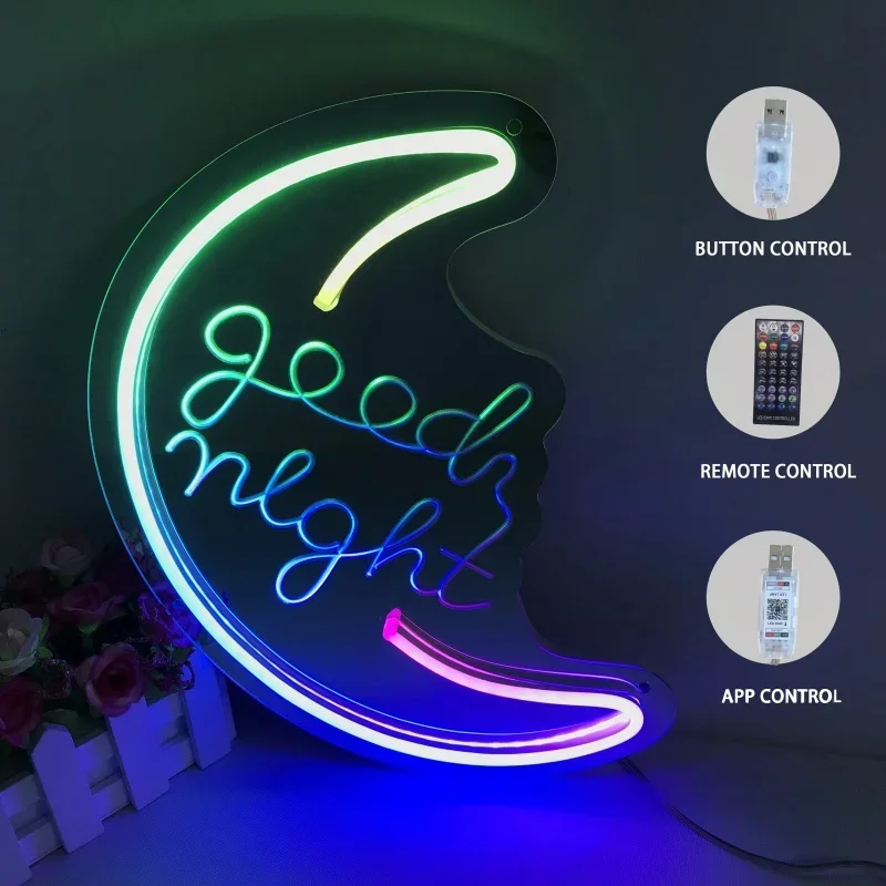 Colorful Moon Shape LED Neon Light Flash Moon Signs Neon Mirror Holidays Party Decor Flicker Home Wall Decor Good Night Led Sign