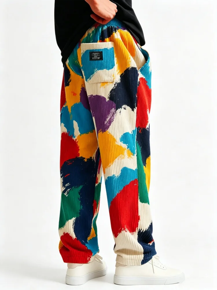 Men Drawstring Waist Corduroy Pants Multicolor Abstract Paint Splash Print Loose Straight Fashion Casual Streetwear Trousers