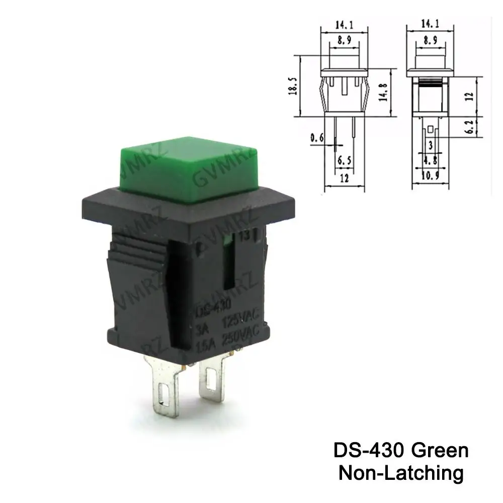 DS-429A/429B/430 Square-Shaped Push Button Switch, Self-Locking/Momentary, 2Pin, 3A 125VAC 1.5A 250VAC, Green Yellow Black Red