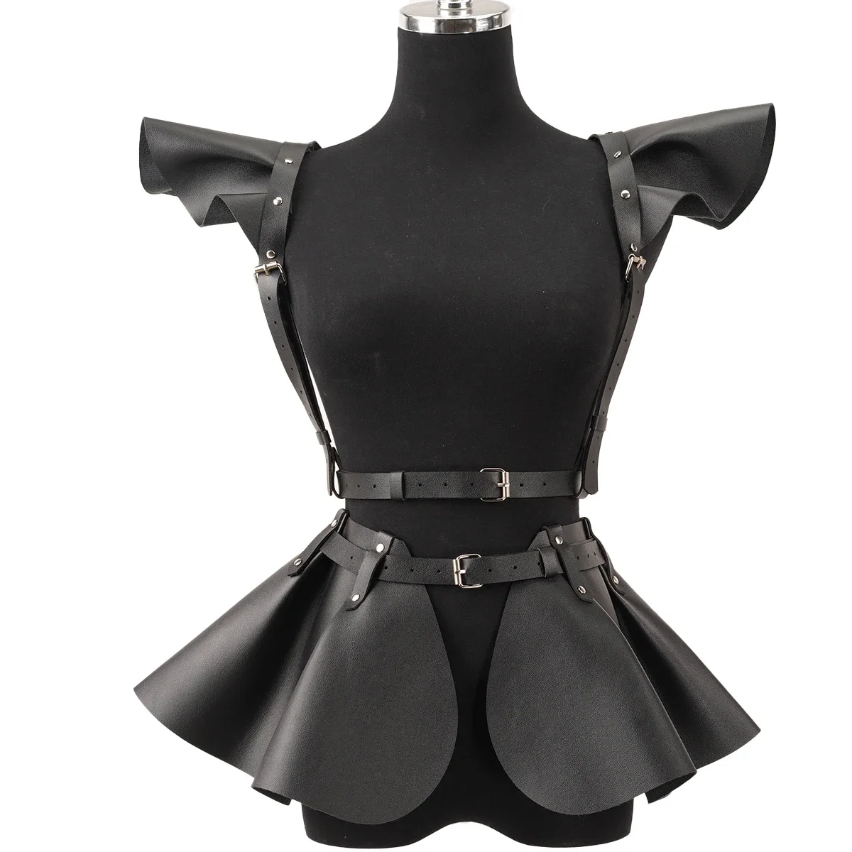 

Fashion Ruffle Suit, Faux Leather Dress with Shoulder Trim, Fashion Accessories, Women's Belt with Shoulder Trim Faux Leather Dr