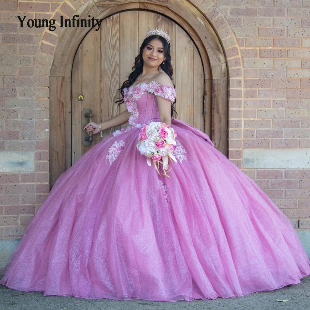 Mexico Pink Shiny Quinceanera Dresses Sweetheart Beads Appliques Lace Flower Off the Shoulder Sweet 16 Vestidos De 15 Anos Gala