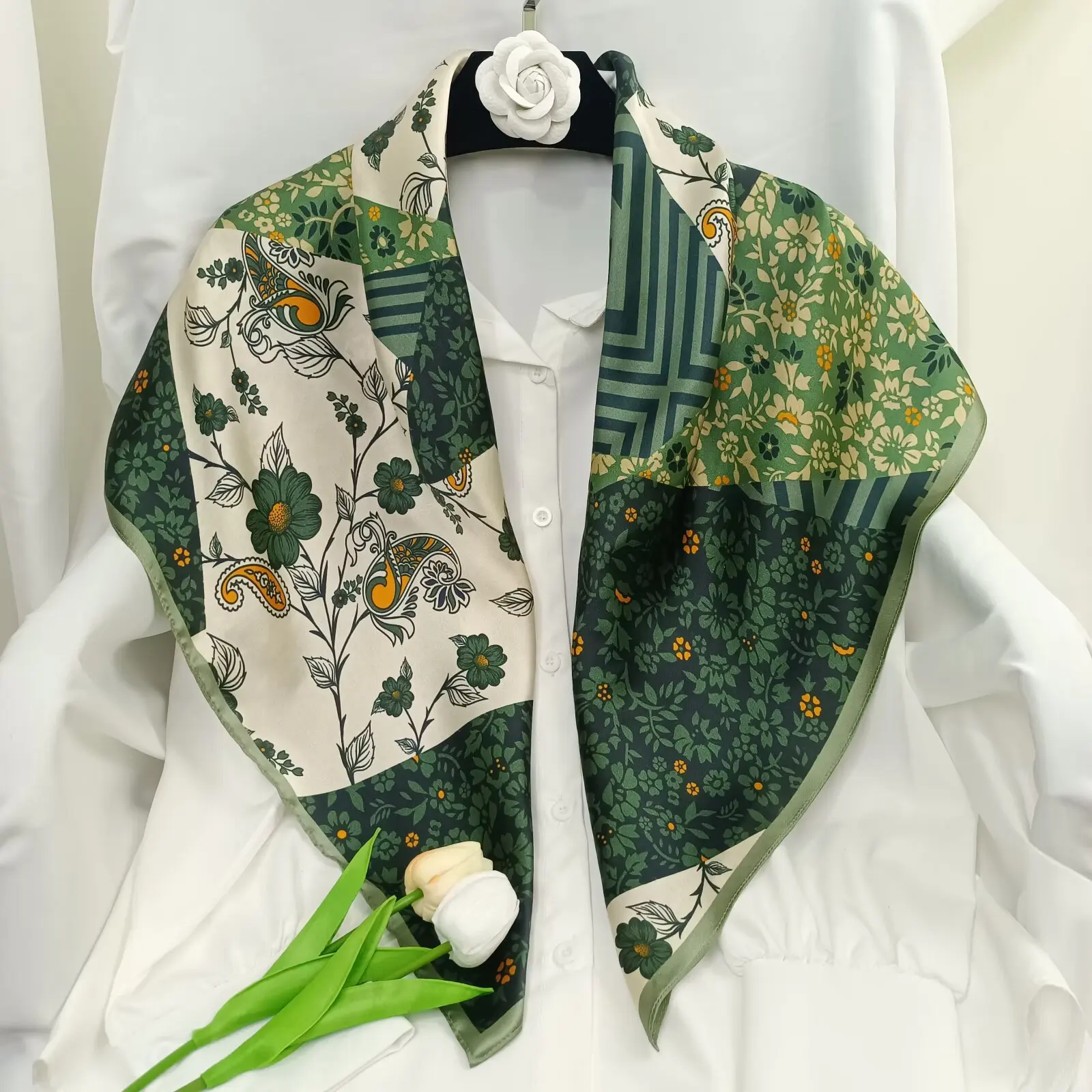 Print Satin Silk Square Scarf Hijab Forest Atmosphere Green 90CM Women's Scarf, Headscarf, Shawl Bandana Luxury Accessories