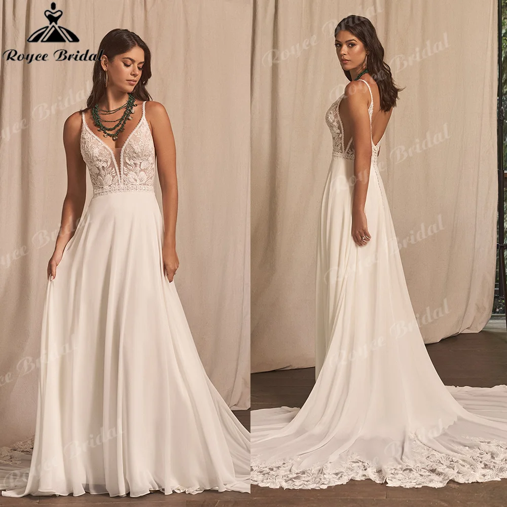 Boho Spaghetti Strap Lace Chiffon Wedding Dress Deep V Low Open Back Scalloped Lace Chapel Train Bridal Gown Customized
