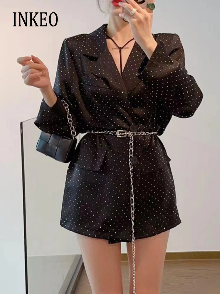 Chic Rhinestone blazer Oversize Women\'s Single breasted Jacket Black Korean Office lady coat Spring Summer Outerwear INKEO 3O059