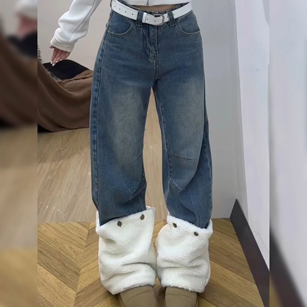 American Chic Detachable Design Jean Pants High-grade Wide Leg Straight Trousers Spring Autumn Female Commute Denim Pants