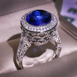 2021 NEW S925 Silver Big Blue Zircon Stone Ring for Women Wedding Engagement  Gift  Fashion Jewelry Drop Shipping