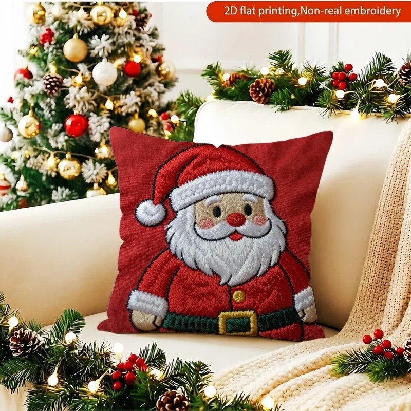 2/1 Piece Christmas Pillow Cover, Red Background with 2D Flat Print of Santa Claus Wearing a Red Hat and Red Clothes, Home Decor, Machine Washable, Zipper Closure, No Pillow Insert, Suitable for Sofa, Bedroom, Home Space Decoration, Etc