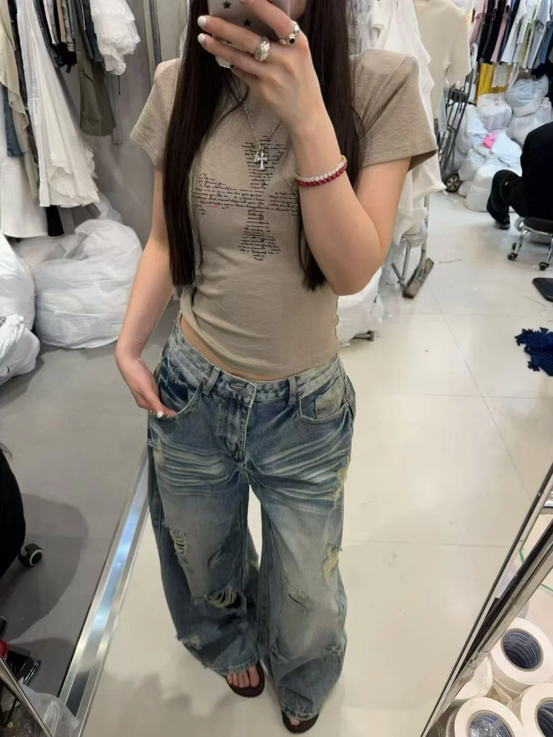 Retro American Trendy Washed Wide Leg Denim Jeans Women's Summer New High Street Loose Match Long Pants Torn Hole Casual Jeans