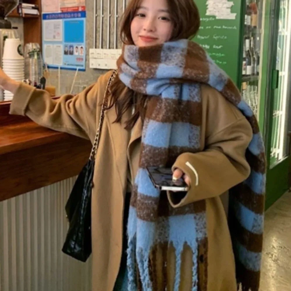 

Ретро-шарф из мохера в клетку с кисточками, утолщенный зимний кашемировый шарф, плюшевая длинная шаль в корейском стиле, осенний