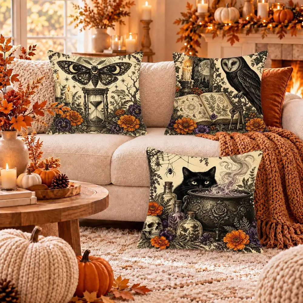 Antique Halloween Engravings Variants Cushion Cover Soft Short Plush Pillow Cover Smooth Cozy Texture Cushion Case Home Decor