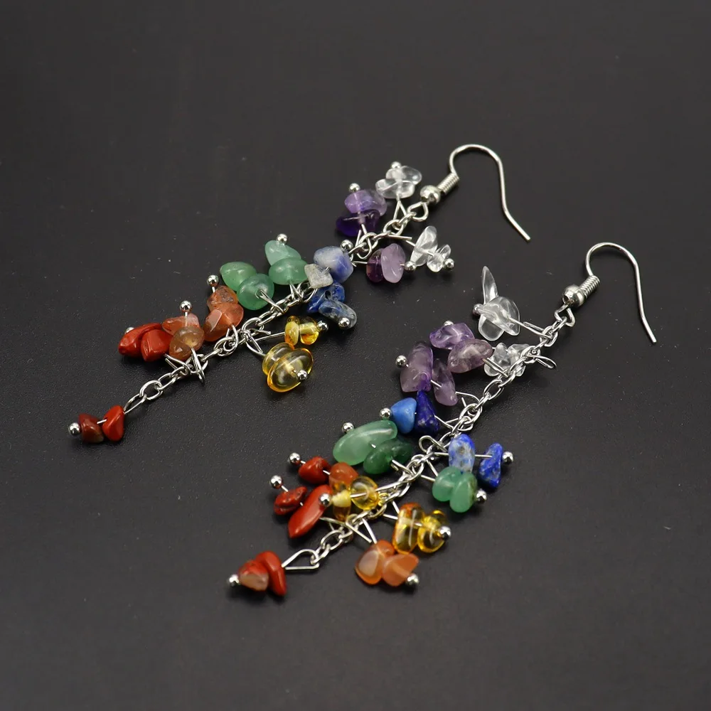 Natural Stone Crystal Grape Tassel Earrings Raw Gemstone Amethyst Lapis Lazuli Tiger's Eye Rose Quartz Chakra Earring