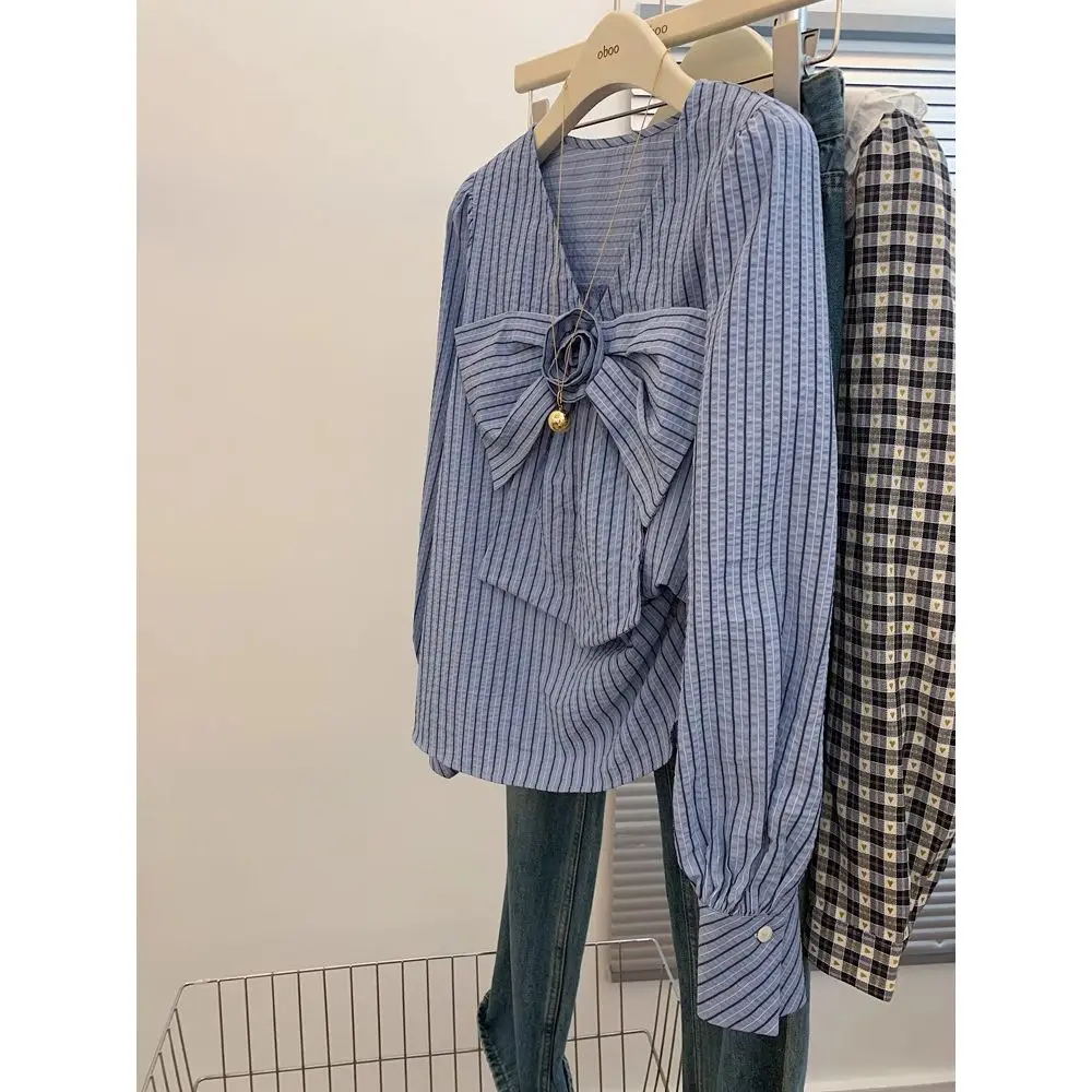 

V-neck Blue Striped Bow Shirt Women's Top Unique Print Casual Loose Pullover