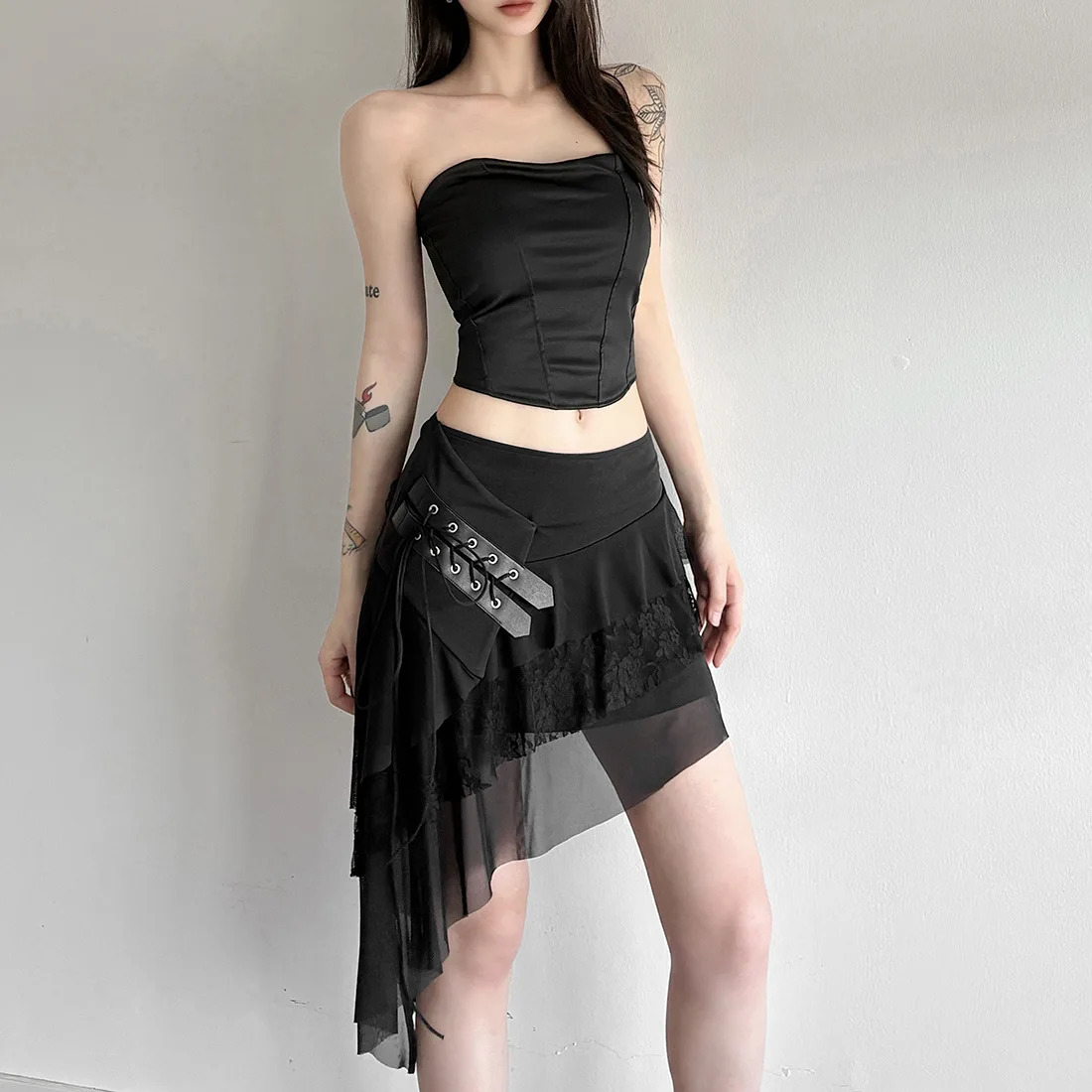 

Mesh Patchwork Mini Skirts Women Elastic Waist Bandage Decoration Tierred Street Versatile Style Ruched Elegant Bottoms